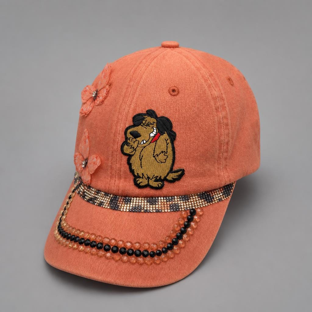 Distressed Orange Denim Baseball Cap – Muttley Hound Dog with 3D Butterflies & Rhinestones