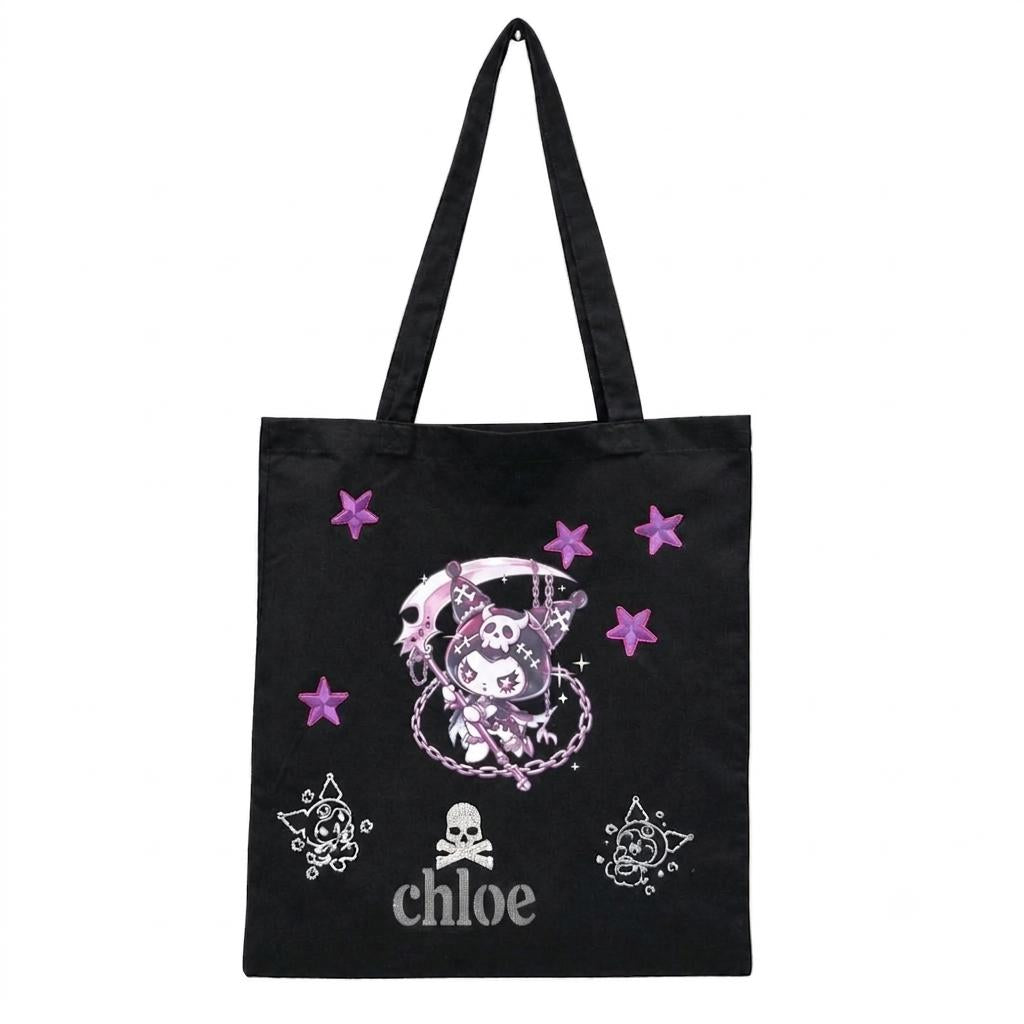 Personalised Black Kuromi Cotton Hand Crafted Tote Bag Hand Painted + Add Name