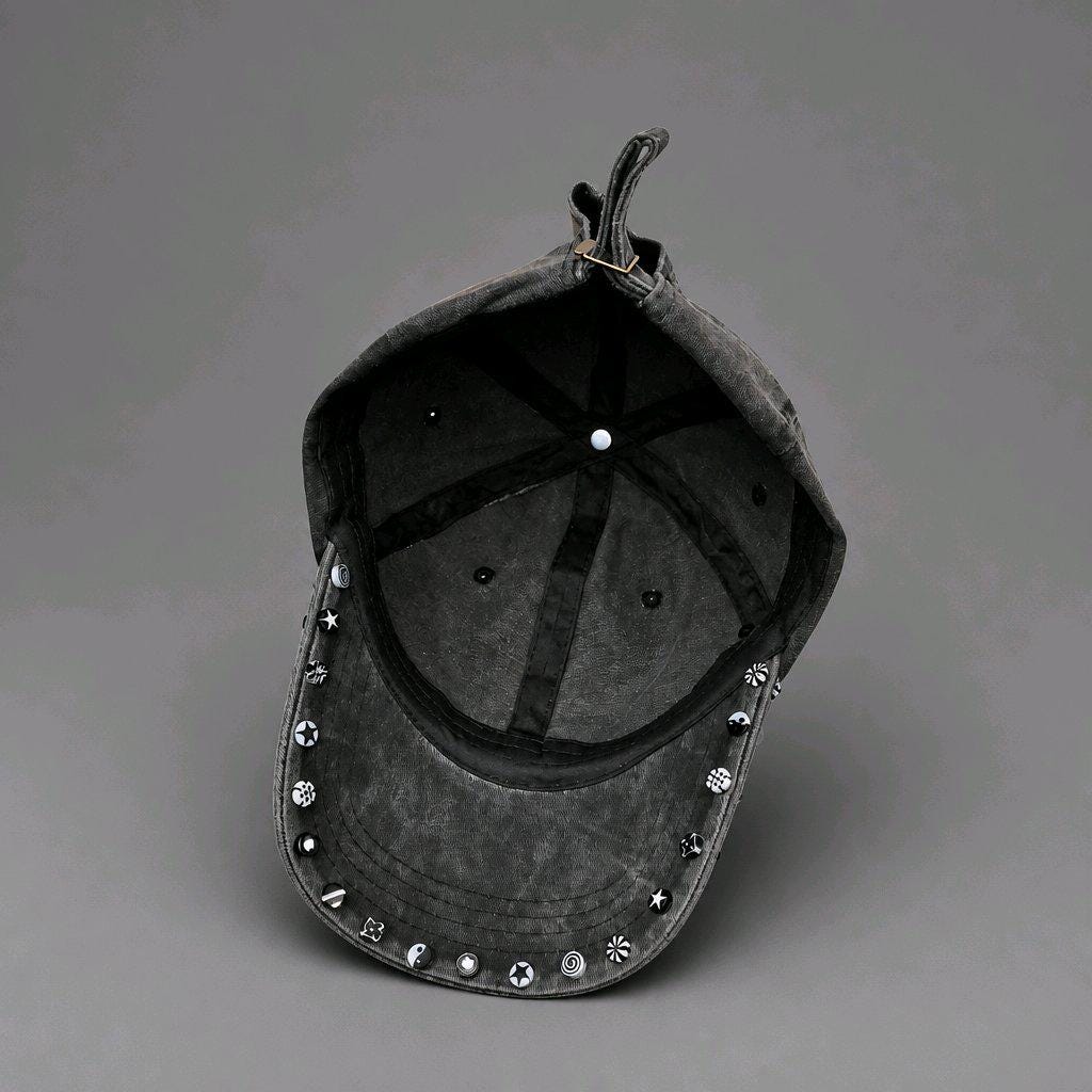 Gothic Studded Baseball Cap, Pierced Distressed Denim Hat, Alt Cyber Y2K Grunge Festival, Piercing & Skull Charm Washed Cotton