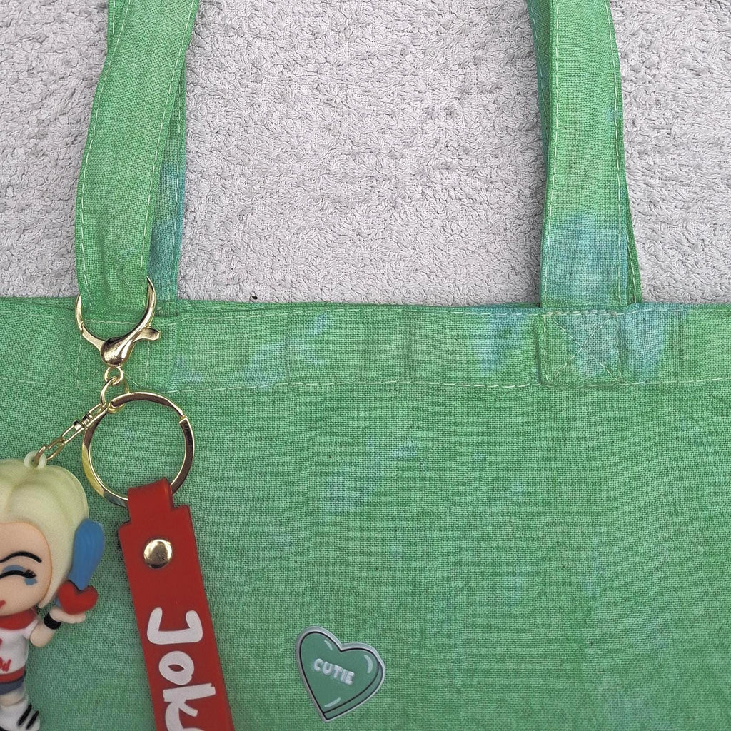 Suicide Squad Themed Green Washed Canvas Tote Bag 100% Cotton + Harley Quinn Key Charm