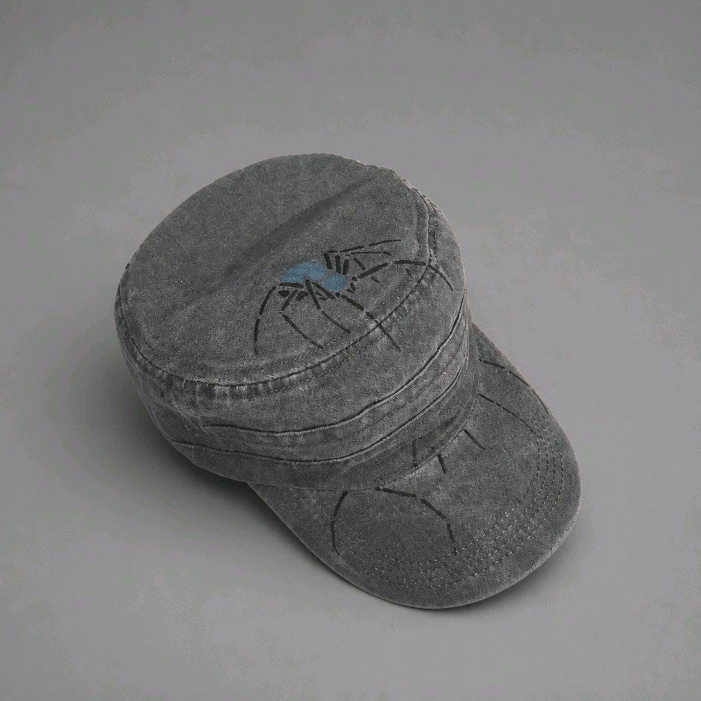 Hand Painted Grey/Green Washed Out Denim Spider Cadet Cap Gothic Alt Fashion