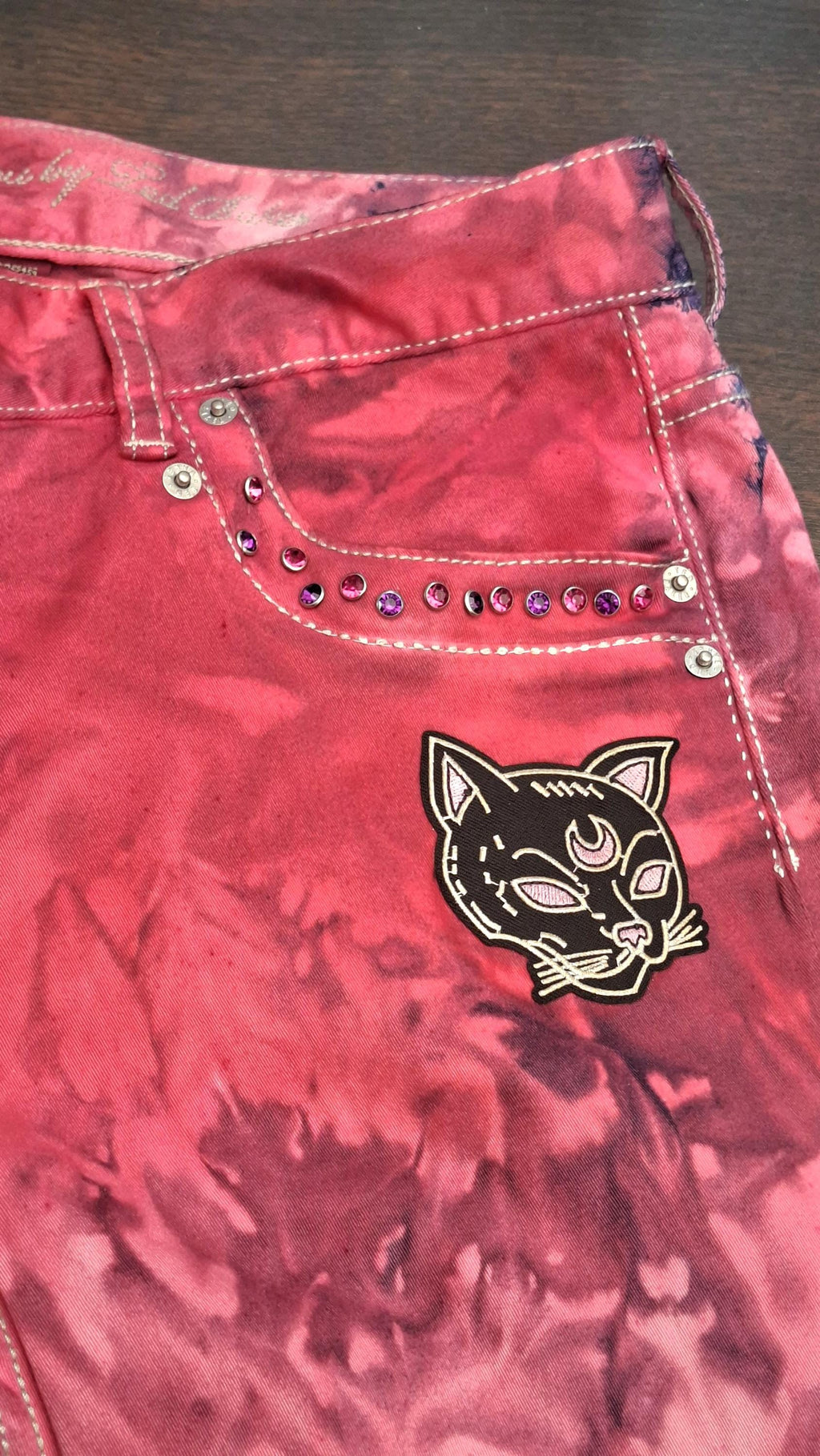 Upcycled Ted Baker Pink Acid Wash Jeans W30 L30 - Gothic Black Cat Patch, Rhinestones, Potion Vial Charm, Ankle Zips, Whimsi goth Alt Denim