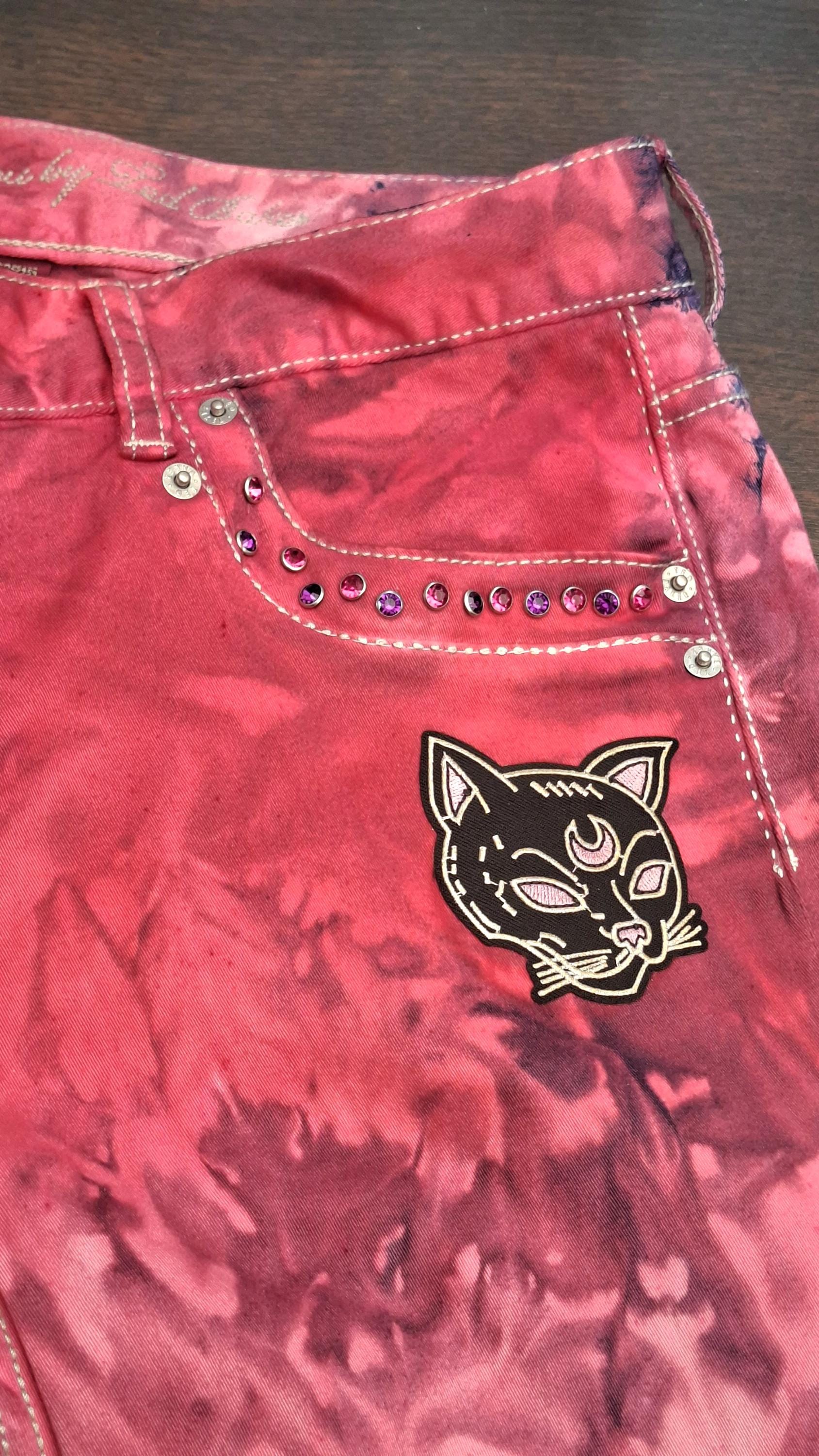 Upcycled Ted Baker Pink Acid Wash Jeans W30 L30 - Gothic Black Cat Patch, Rhinestones, Potion Vial Charm, Ankle Zips, Whimsi goth Alt Denim
