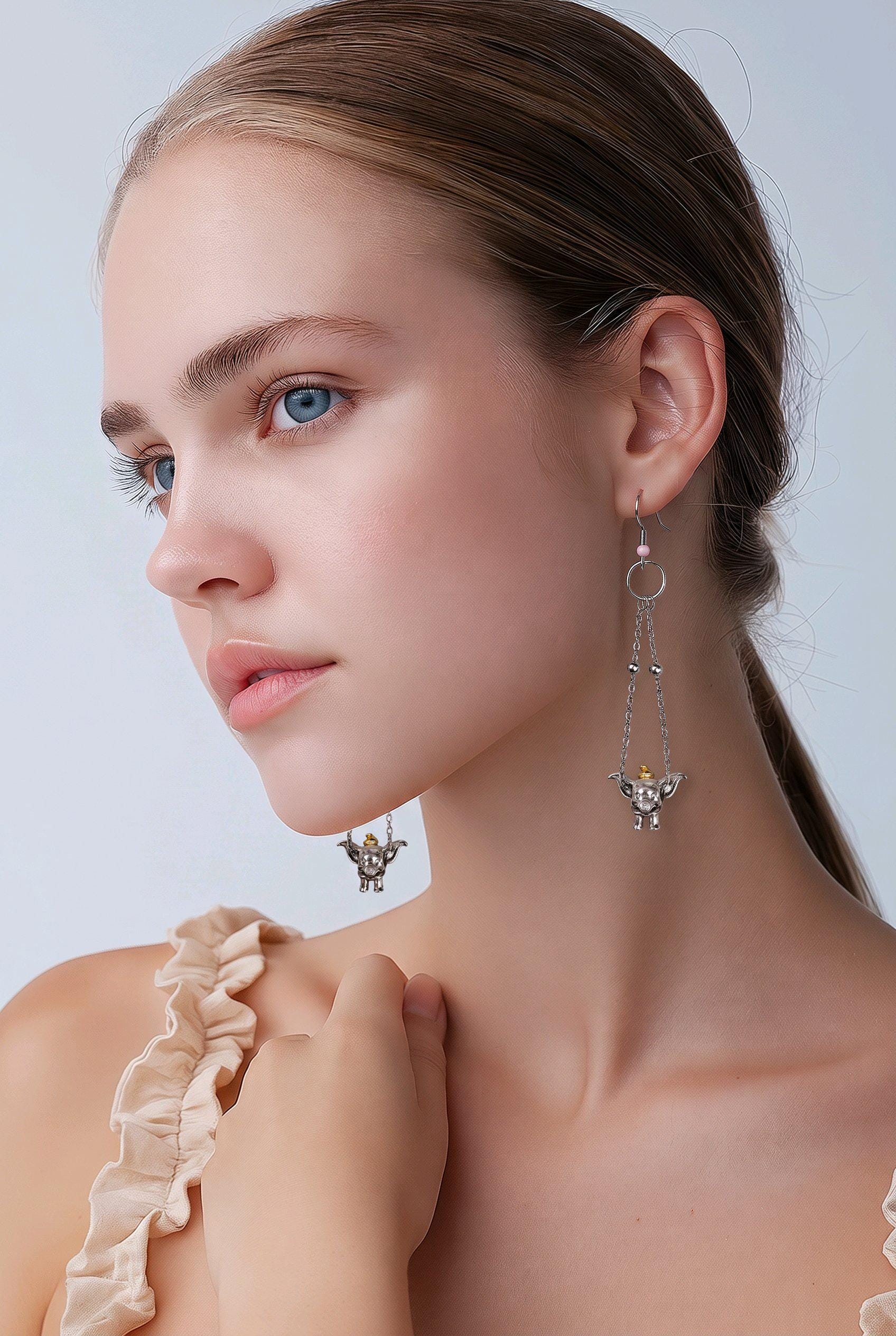 Handmade S925 Sterling Silver Elephant Charm Drop Earrings | Long Stainless Steel Chain Dangle Earrings | Cute Animal Statement Jewellery