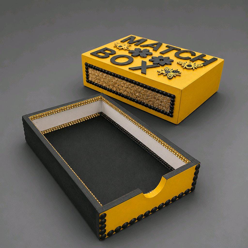 Handmade Wooden Matchbox Holder – Yellow & Black Bumblebee Rhinestone Decorative Sleeve Cover