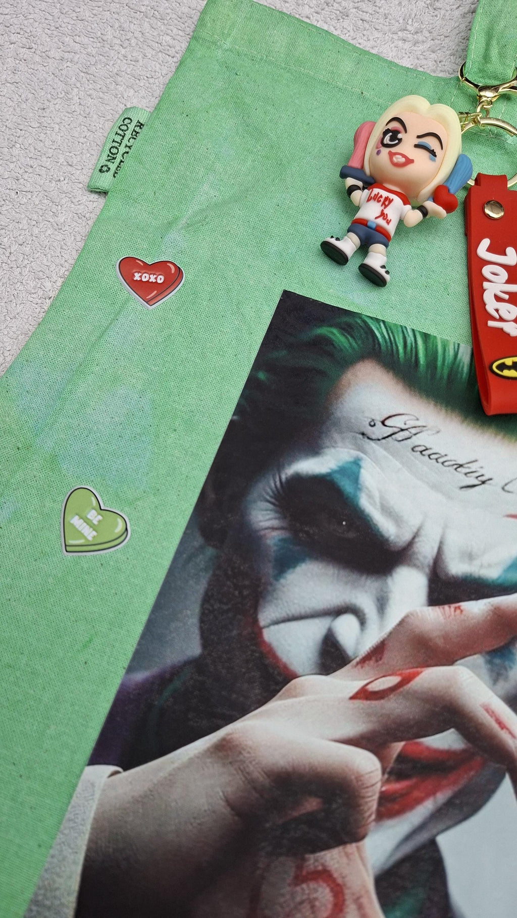 Suicide Squad Themed Green Washed Canvas Tote Bag 100% Cotton + Harley Quinn Key Charm