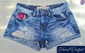 Distressed Ripped Denim Hot Pants Shorts (Size 8) – Hand Painted Flower Detail