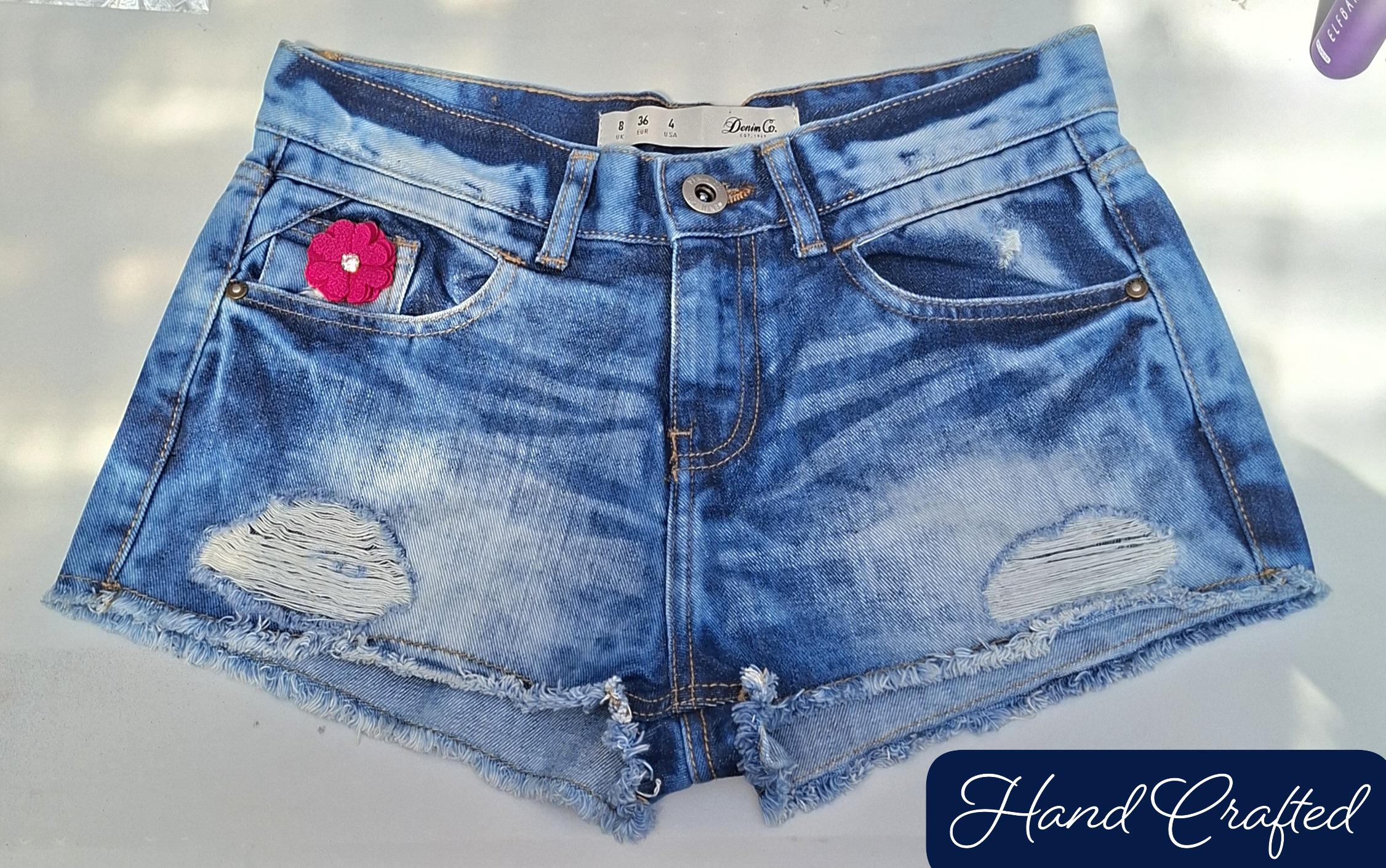Distressed Ripped Denim Hot Pants Shorts (Size 8) – Hand Painted Flower Detail