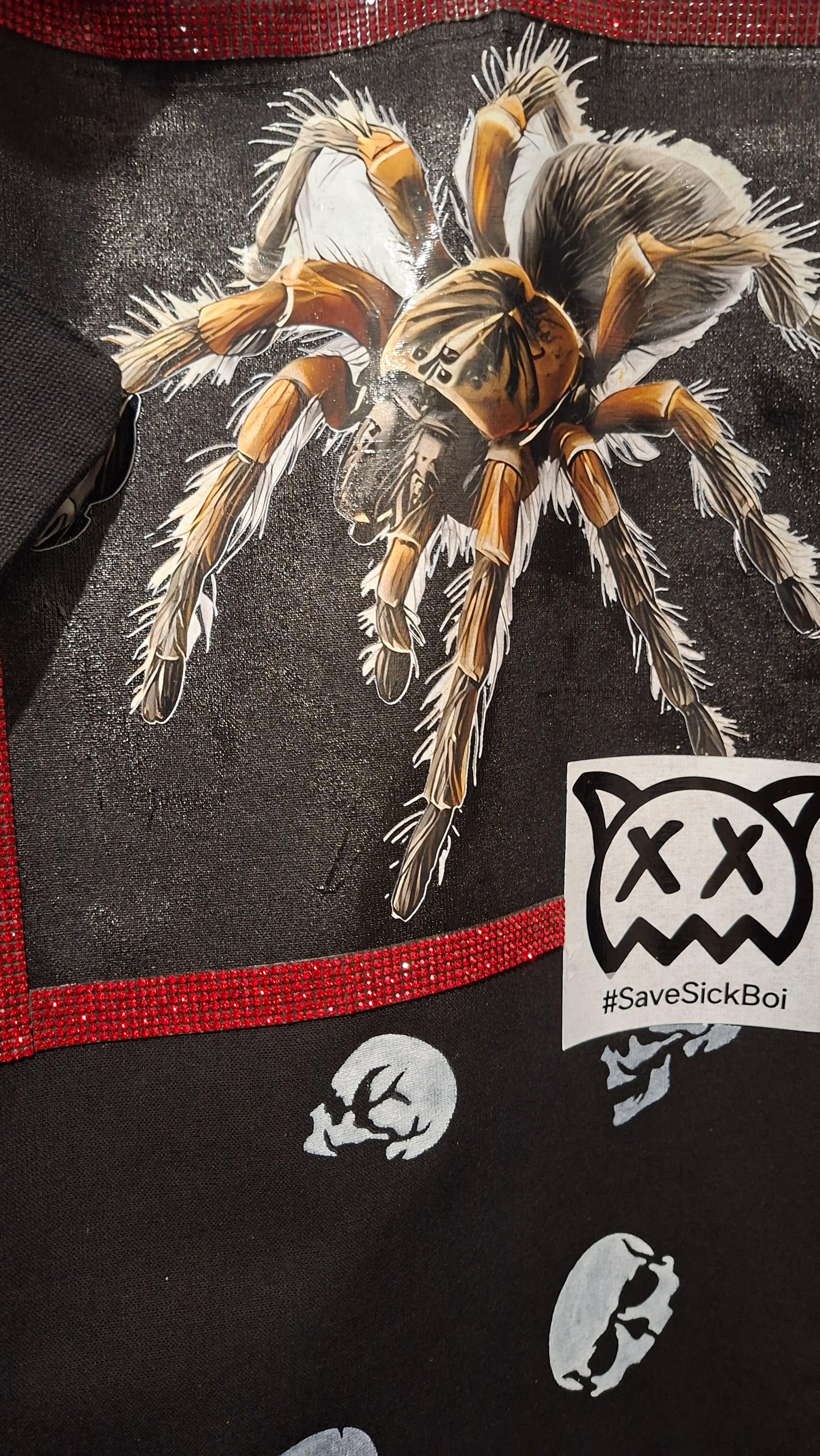 Gothic Tarantula Spider Cotton Tote Bag with Coin Pouch, Skull & Cross Charms, Rhinestone Border, Alternative Alt Fashion Shoulder Bag