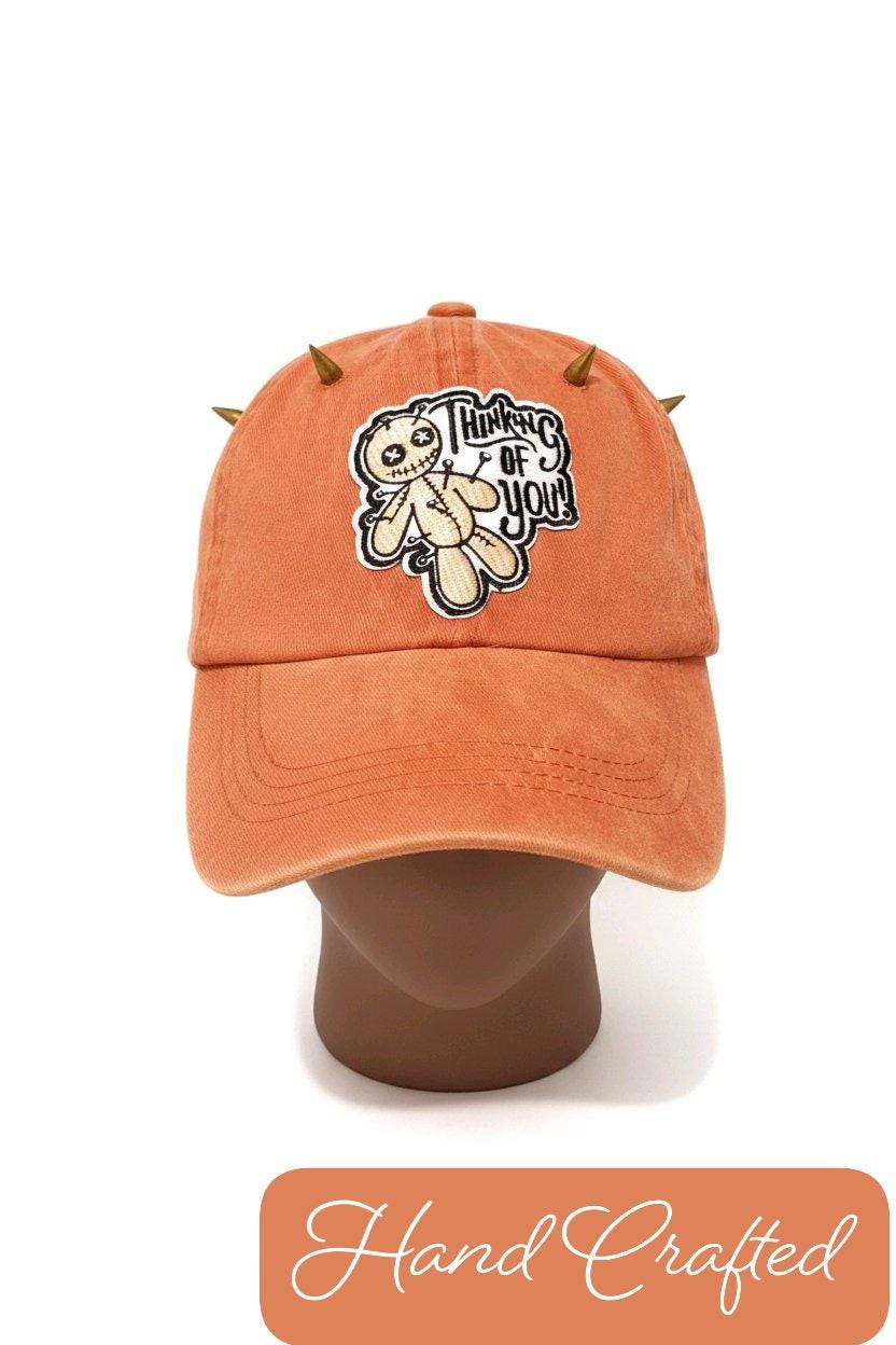 Handcrafted Orange Denim Cap | Gold Metal Studs & Voodoo Doll Patch