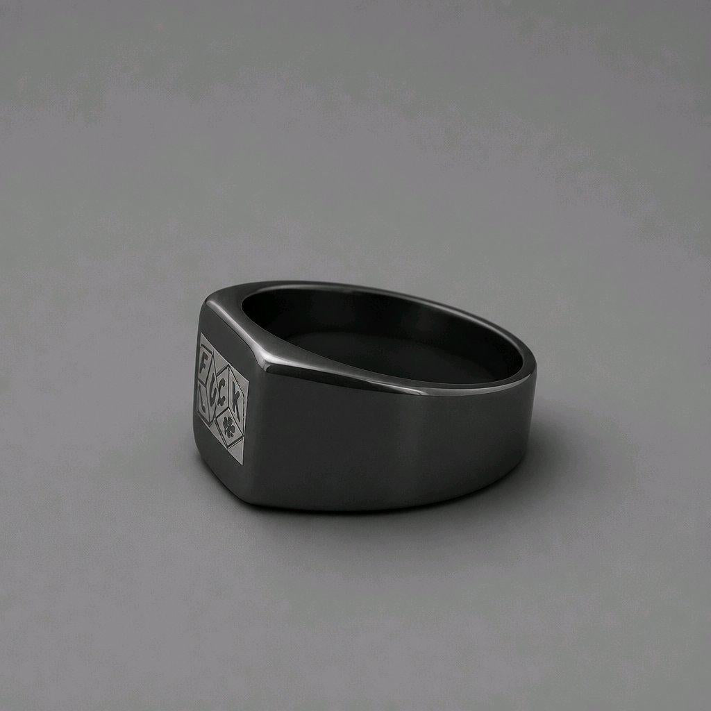 Black Stainless Steel Signet Ring Size Z Chunky Dice Engraved Statement Ring Alternative Gothic Biker Jewelry Edgy Signet Ring Men Women