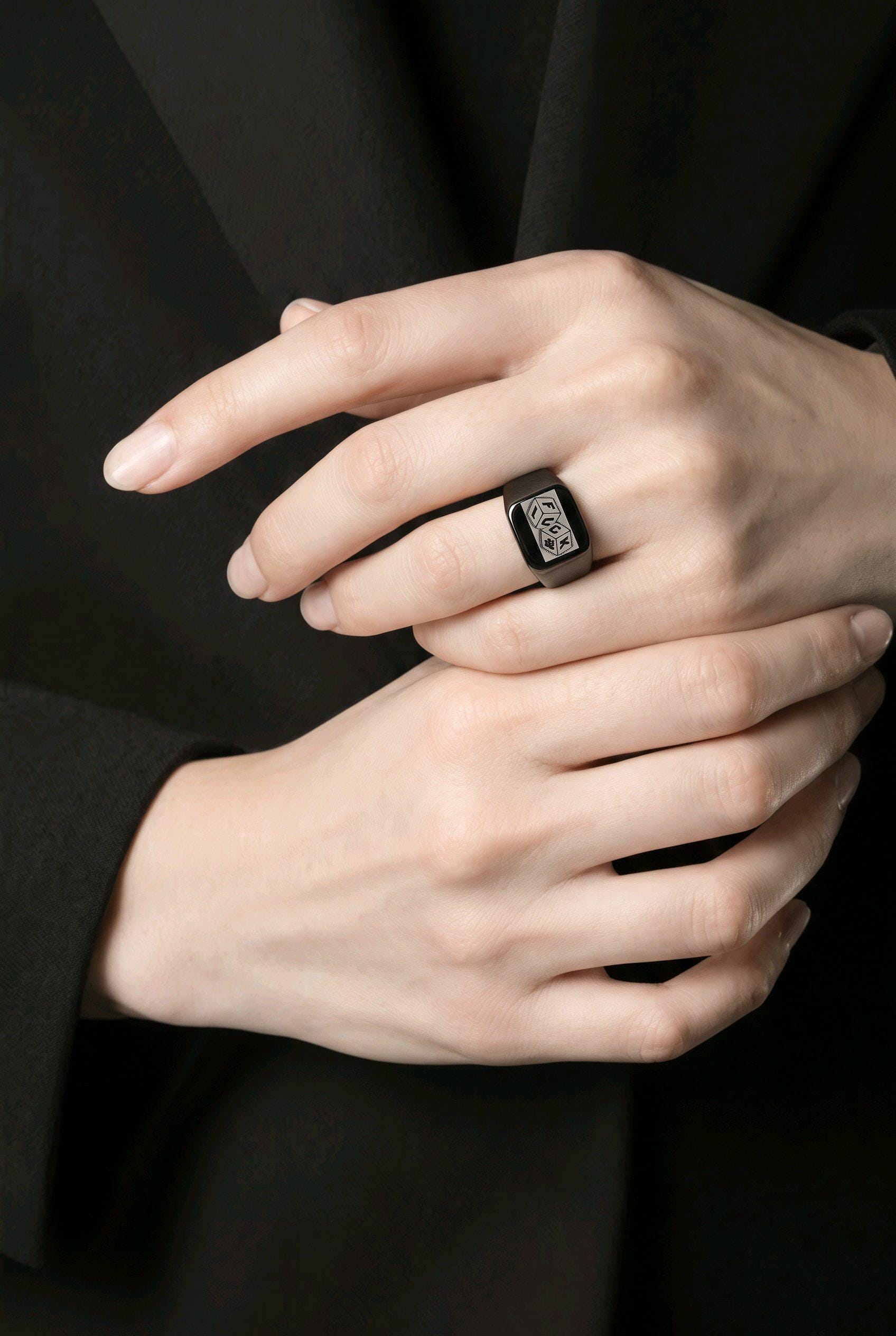 Black Stainless Steel Signet Ring Size Z Chunky Dice Engraved Statement Ring Alternative Gothic Biker Jewelry Edgy Signet Ring Men Women