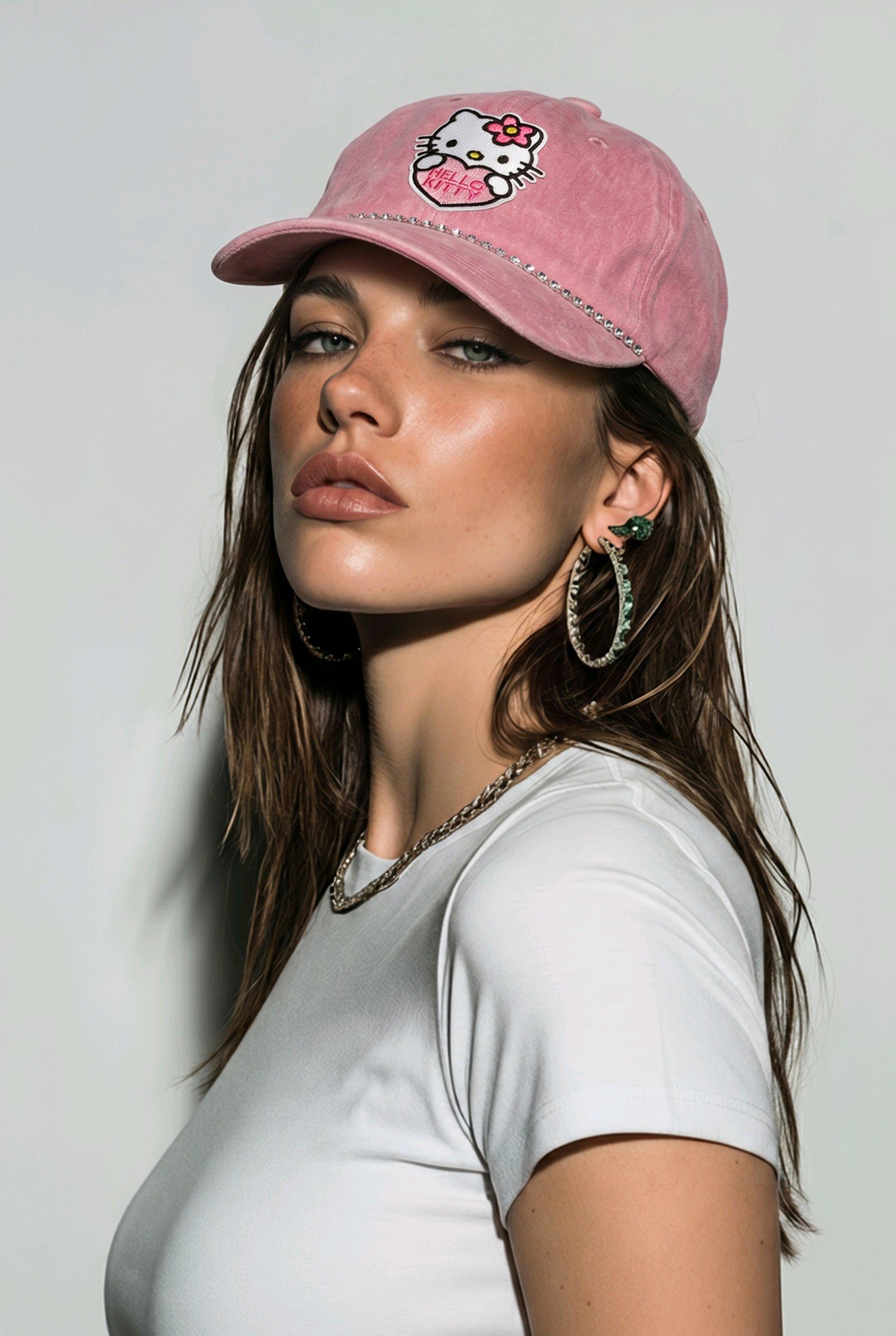 Handcrafted 6 Panel Adjustable Denim Cap with Hello Kitty Patch & Rhinestones