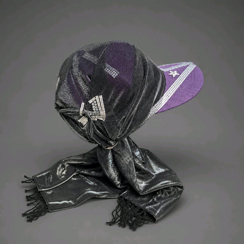 Sparkly Purple & Metallic Silver Glam Baseball Cap With Attached Fringe Scarf