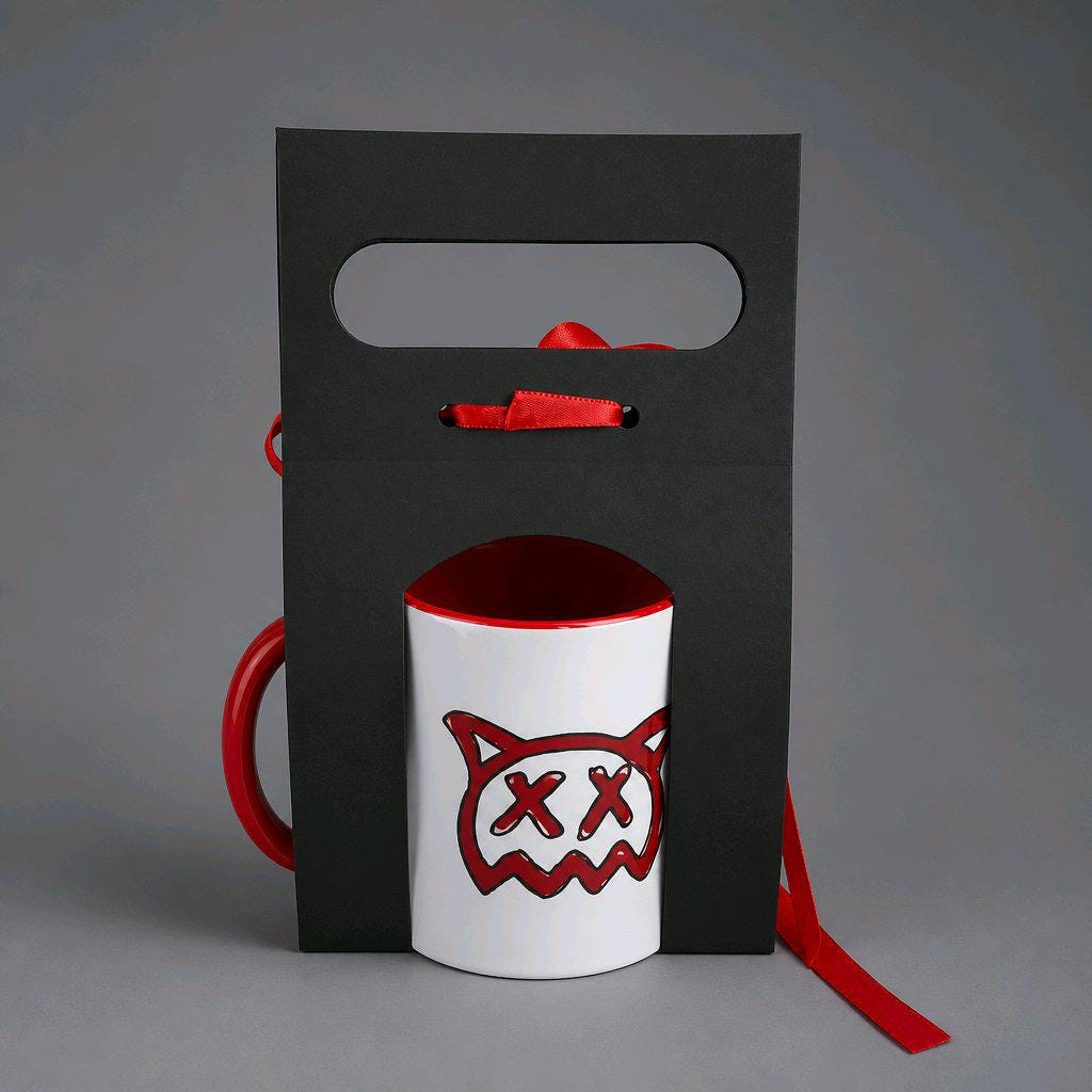 Sick Boy Mug, Ren Inspired Coffee Cup, Two-Tone Red & White Ceramic with Gift Bag, Street Art Graphic  Edgy Merch Gift