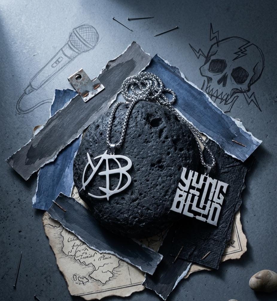 YUNGBLUD Inspired Pendant Necklace, Stainless Steel Punk Rock Jewelry, Square Name Logo & YB Monogram Charm