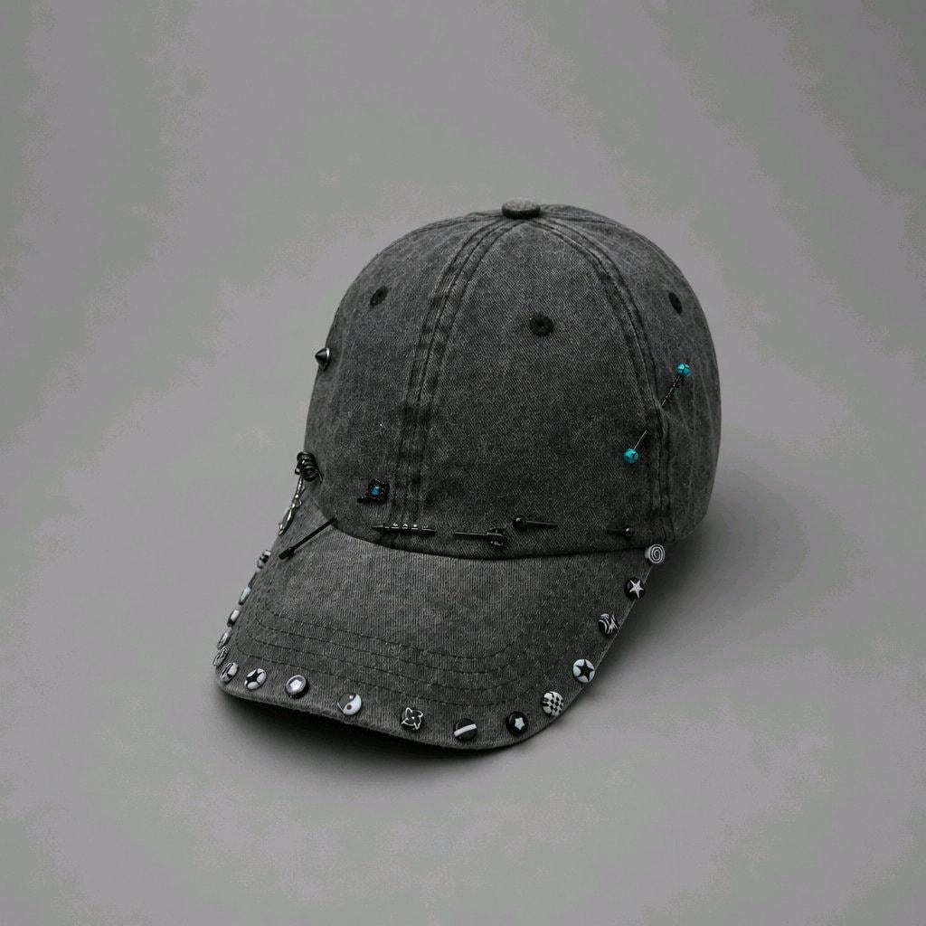 Gothic Studded Baseball Cap, Pierced Distressed Denim Hat, Alt Cyber Y2K Grunge Festival, Piercing & Skull Charm Washed Cotton
