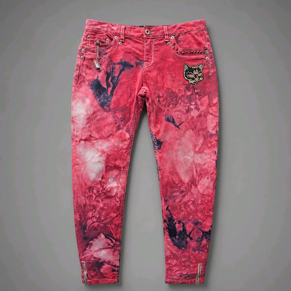 Upcycled Ted Baker Pink Acid Wash Jeans W30 L30 - Gothic Black Cat Patch, Rhinestones, Potion Vial Charm, Ankle Zips, Whimsi goth Alt Denim