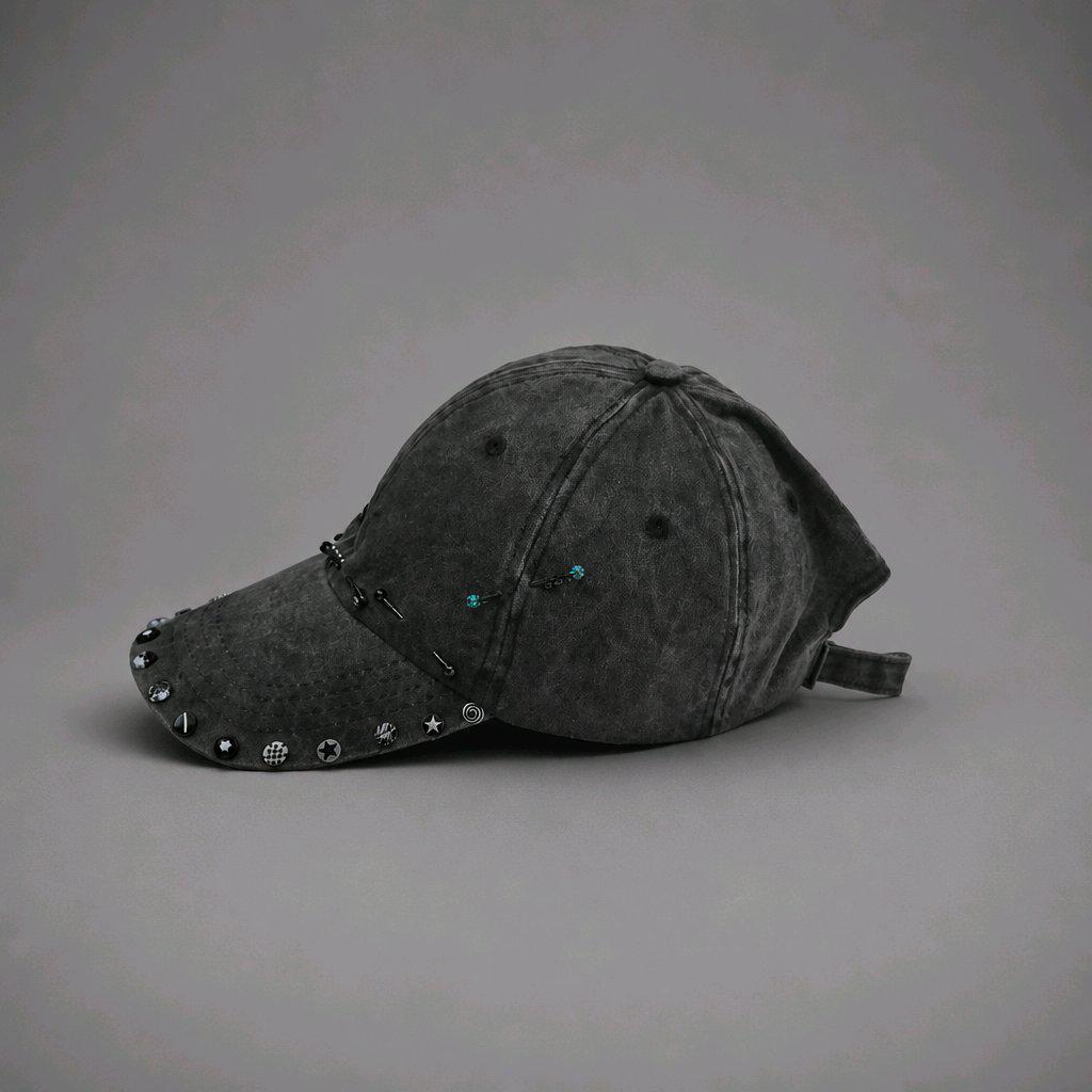 Gothic Studded Baseball Cap, Pierced Distressed Denim Hat, Alt Cyber Y2K Grunge Festival, Piercing & Skull Charm Washed Cotton