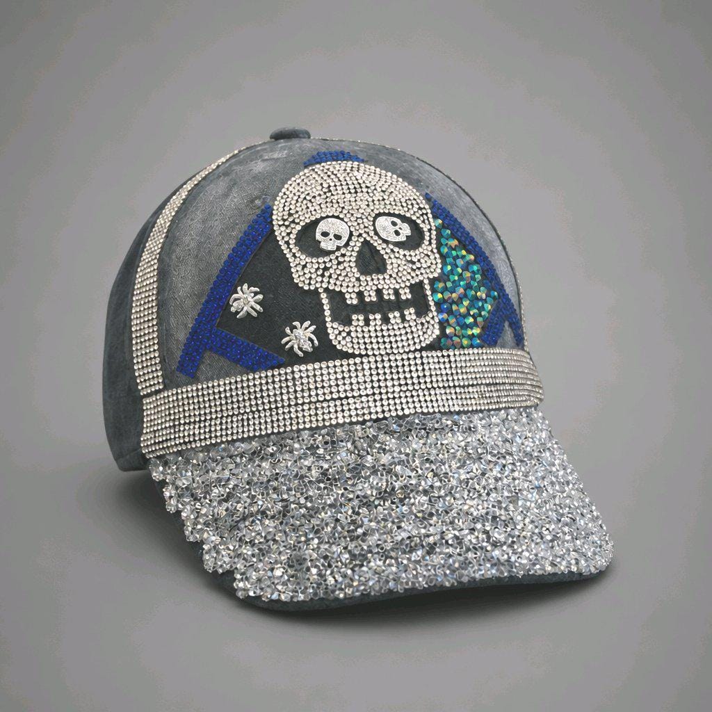 Sparkly Rhinestone Skull Hat, Glitter Crystal Washed Denim Cap, Festival Party Biker Accessories, Unique Gift for Her, Statement Strapback