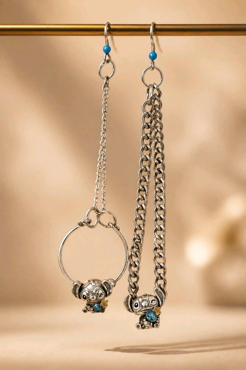 Asymmetrical Alien Character Drop Earrings | Gothic Alt Stainless Steel Silver Dangles
