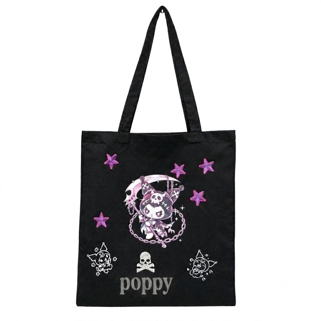 Personalised Black Kuromi Cotton Hand Crafted Tote Bag Hand Painted + Add Name