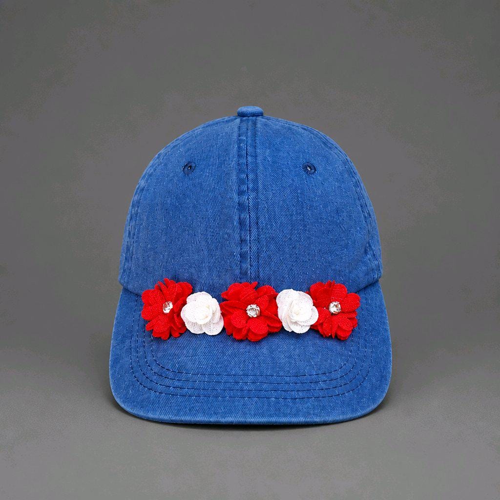 Blue/Red/White Floral Denim Washed Out Baseball Cap