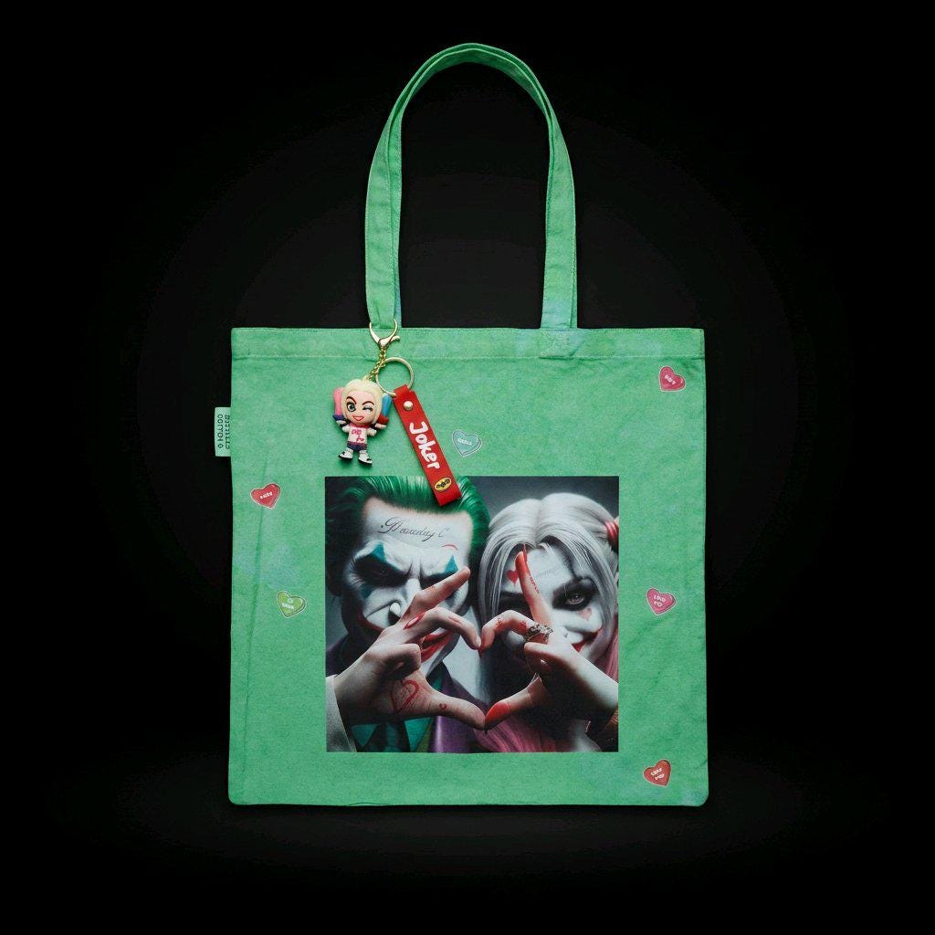 Suicide Squad Themed Green Washed Canvas Tote Bag 100% Cotton + Harley Quinn Key Charm