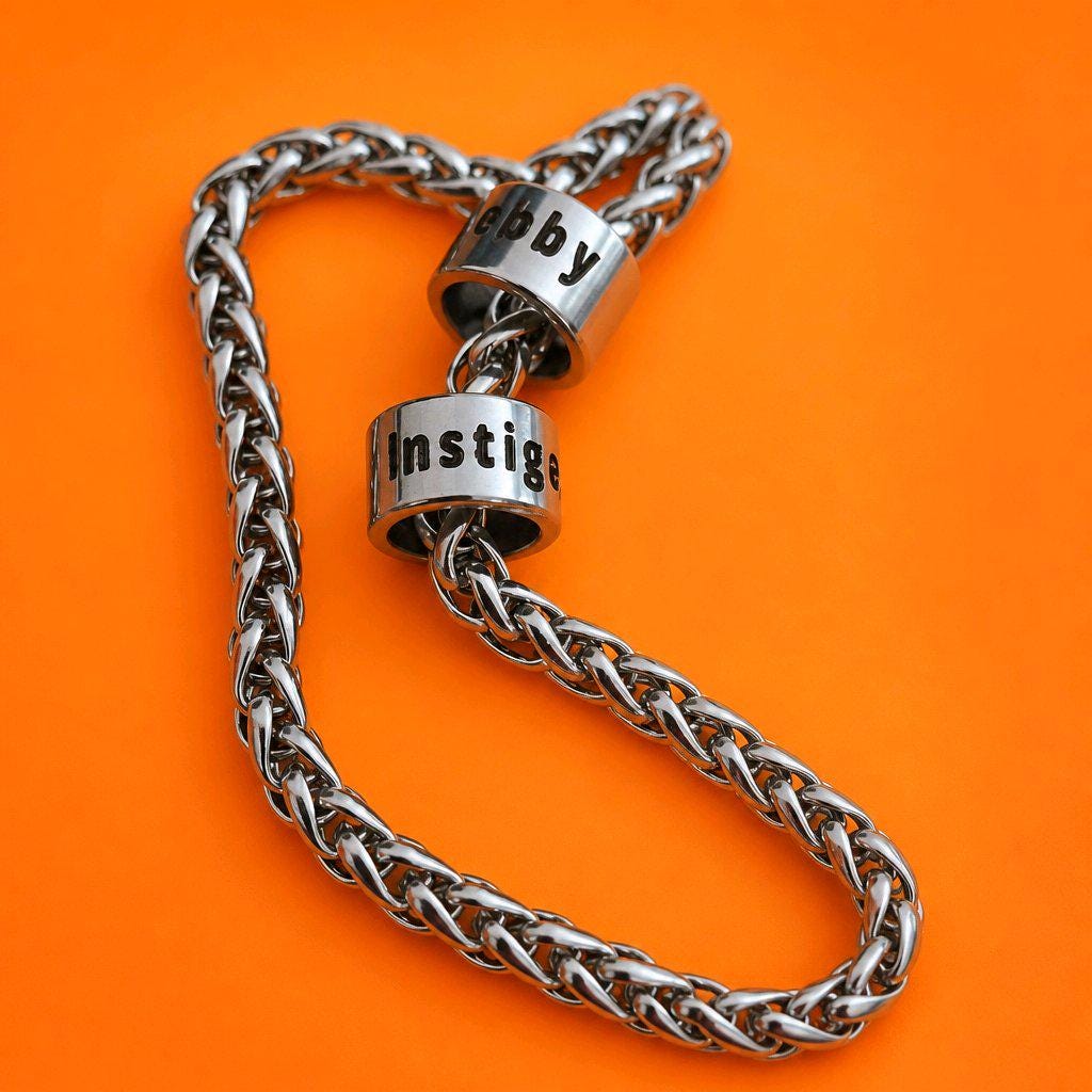 Stainless Steel Chunky Braid Chain Necklace with Engraved Barrels | 20 Inch Custom Steel Chain, Men's Jewelry, Ren Webby Instigator Charms