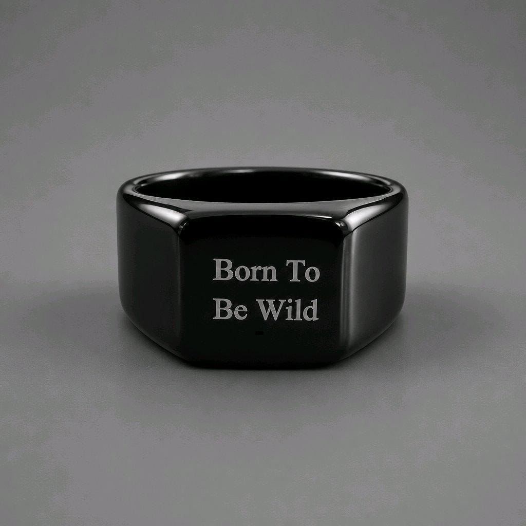 Black Stainless Steel Signet Ring Engraved "Born To Be Wild" | UK Size U | Chunky Gothic Biker Statement Jewelry