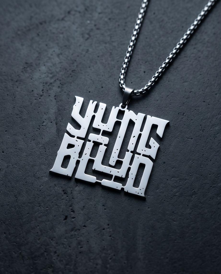 YUNGBLUD Inspired Pendant Necklace, Stainless Steel Punk Rock Jewelry, Square Name Logo & YB Monogram Charm