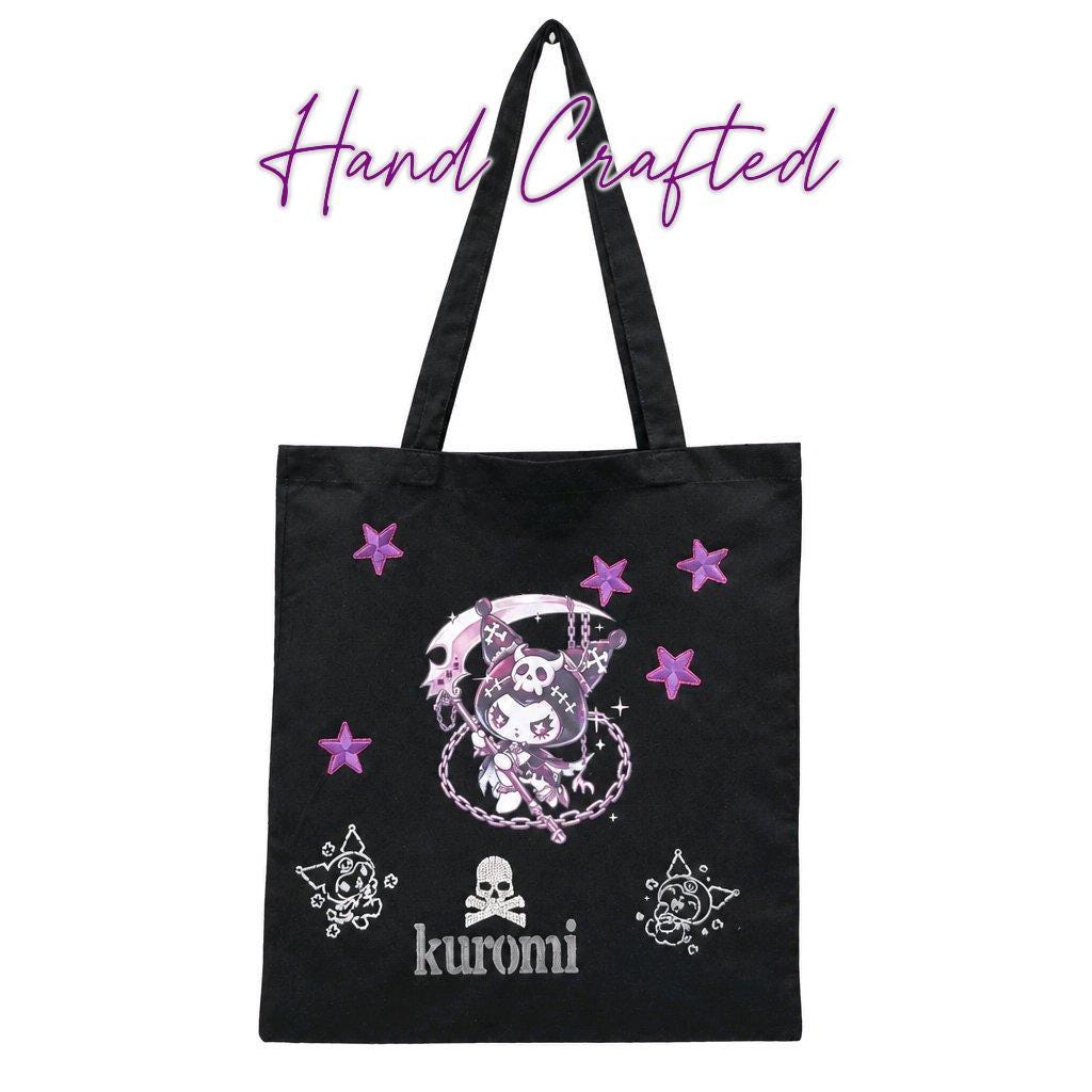 Personalised Black Kuromi Cotton Hand Crafted Tote Bag Hand Painted + Add Name