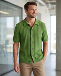 Banana Republic Mens XL Knit Shirt Green Wide Rib Button Front Short Sleeve NWT