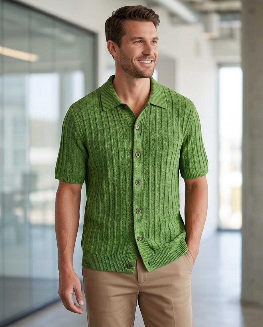 Banana Republic Mens XL Knit Shirt Green Wide Rib Button Front Short Sleeve NWT