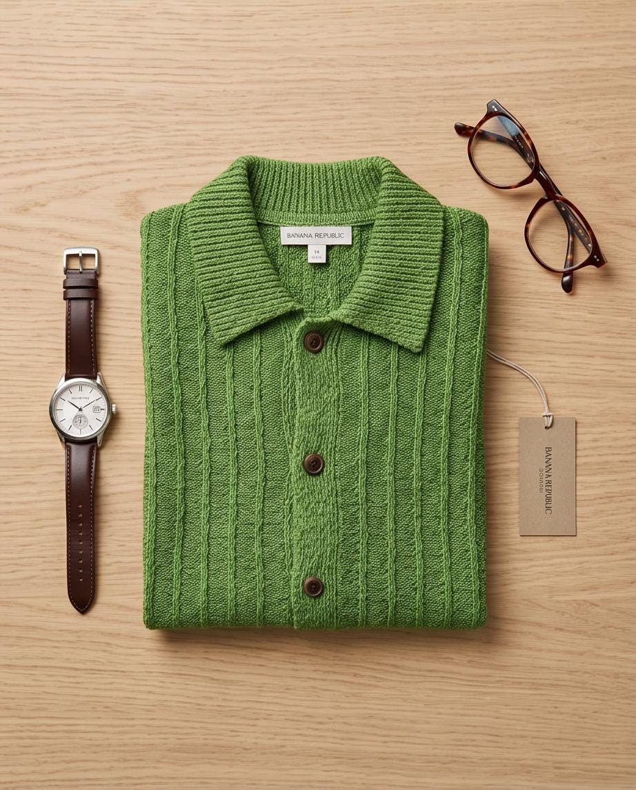 Banana Republic Mens XL Knit Shirt Green Wide Rib Button Front Short Sleeve NWT