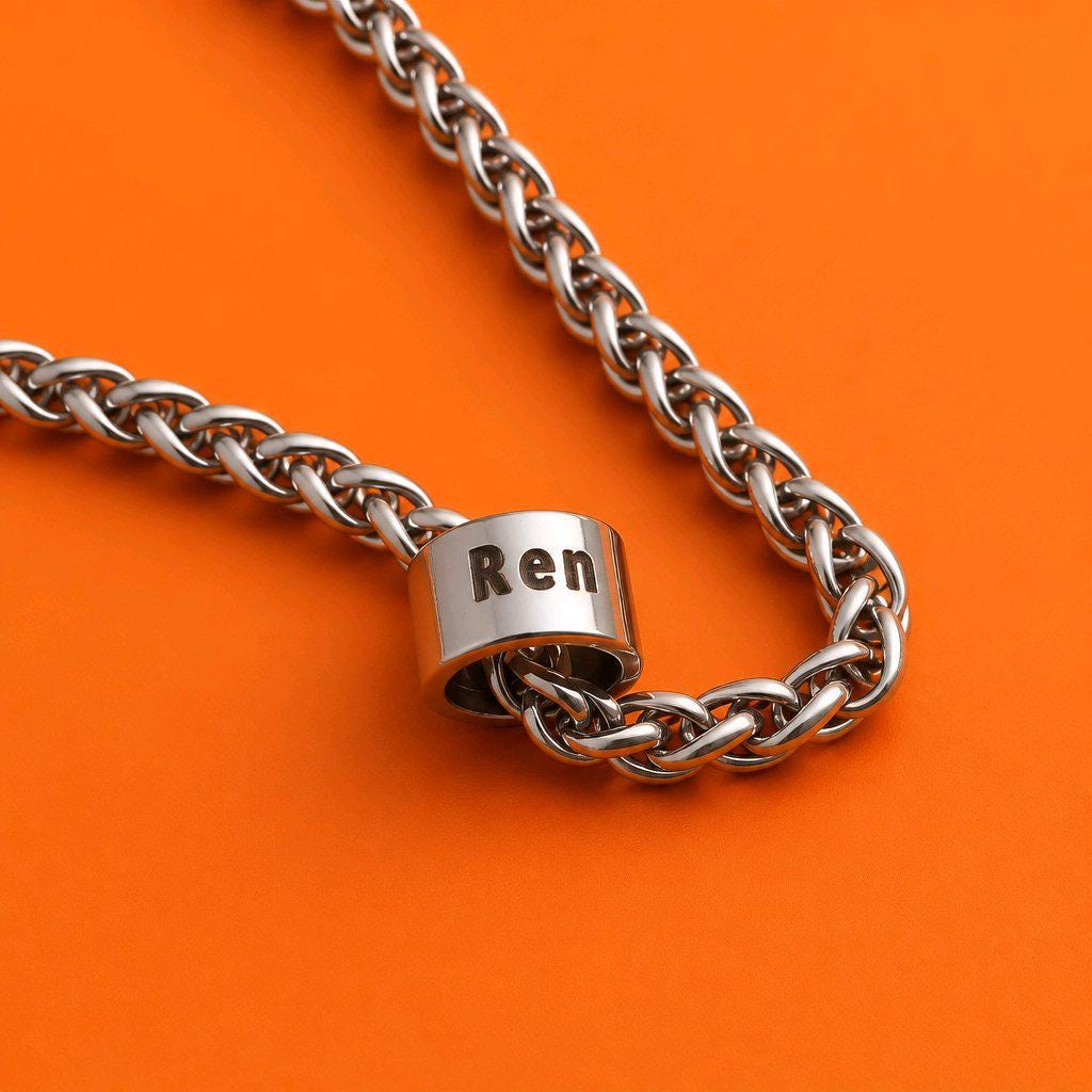 Stainless Steel Chunky Braid Chain Necklace with Engraved Barrels | 20 Inch Custom Steel Chain, Men's Jewelry, Ren Webby Instigator Charms