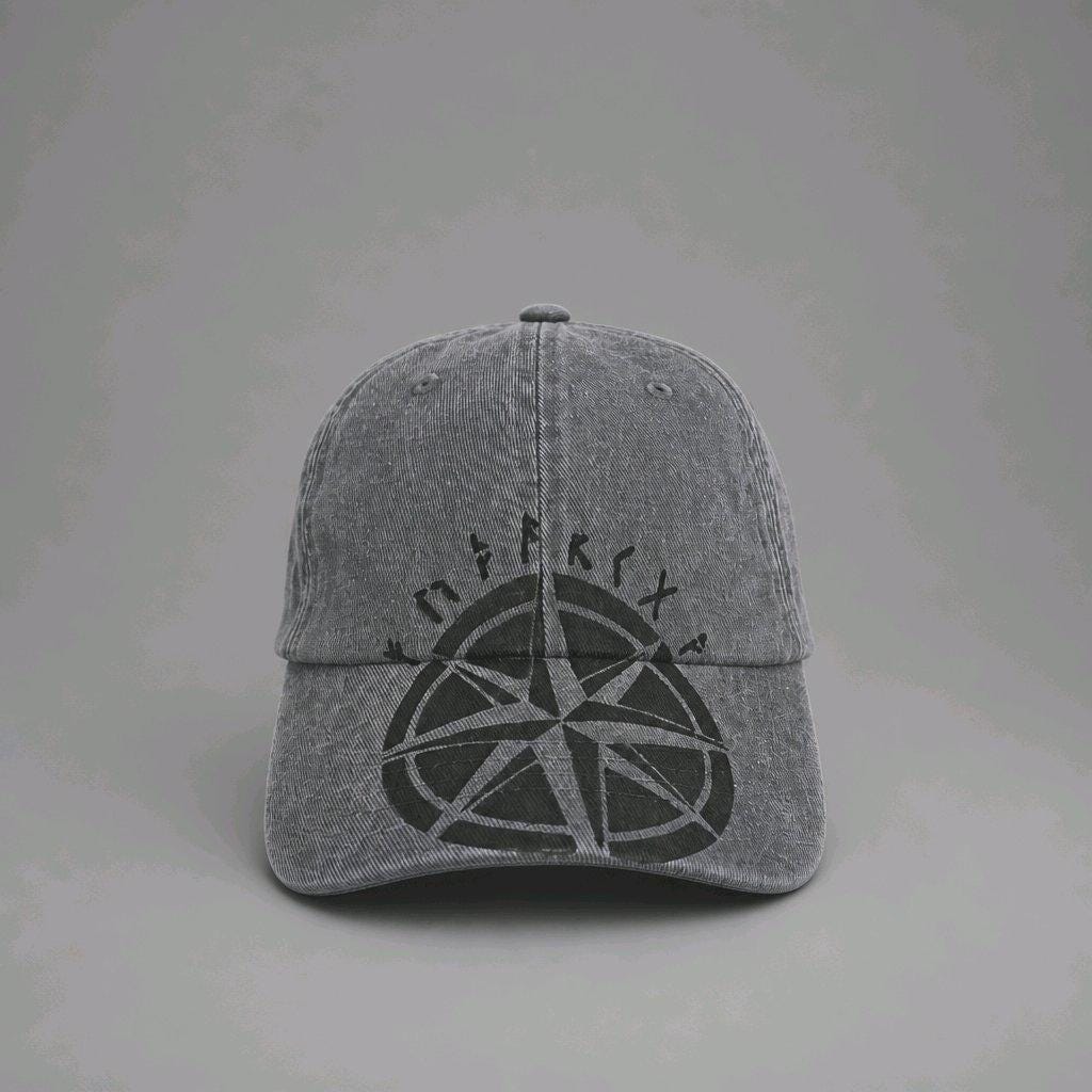 Hand Painted Viking Vegvisir Cap, Washed Cotton Runic Compass Dad Hat
