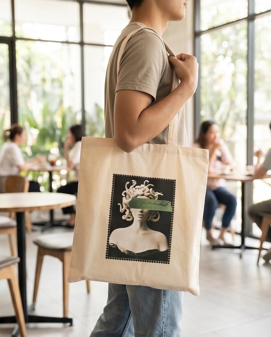 Eco Friendly Canvas Medusa Tote Shoulder Bag With Obsidian Stone 100% Recycled Cotton