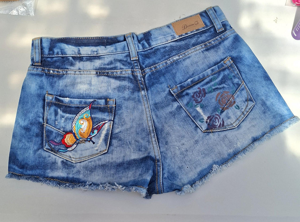 Distressed Ripped Denim Hot Pants Shorts (Size 8) – Hand Painted Flower Detail