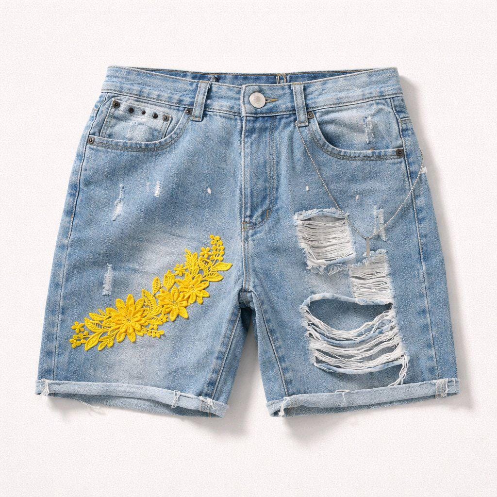 Women's Handcrafted Ripped Denim Shorts | Size 10 | Stainless Steel Embellishments | Retro Alt Style