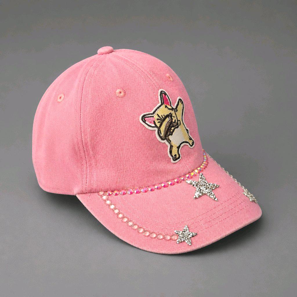 Pink French Bulldog Baseball Cap, Rhinestone Dabbing Frenchie Dad Hat, Sparkly Dog Lover Gift