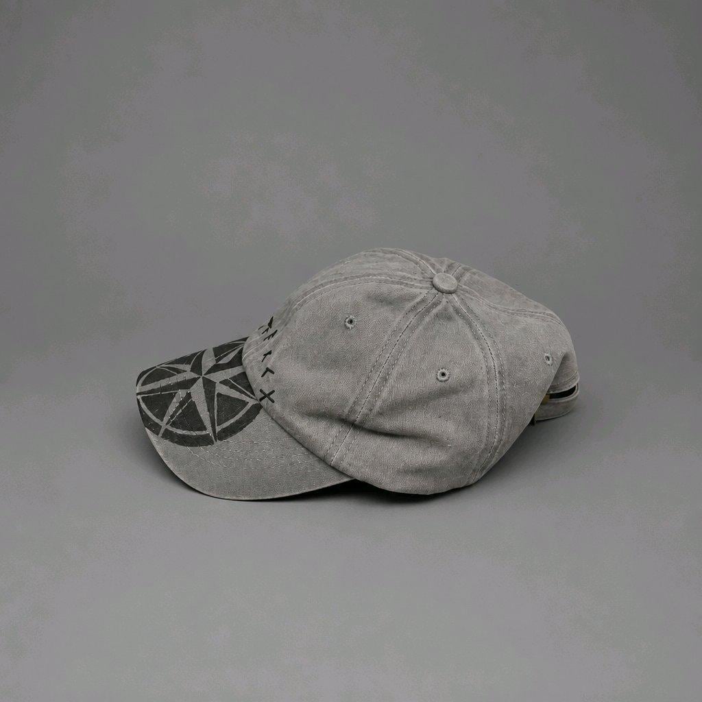 Viking Rune Compass Baseball Cap Washed Grey Denim