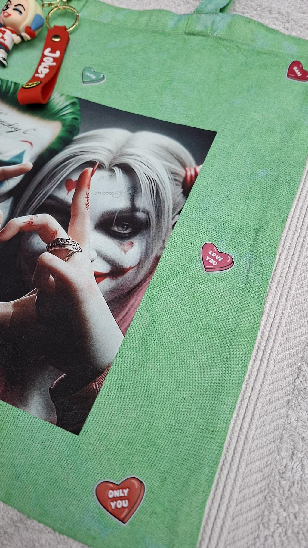Suicide Squad Themed Green Washed Canvas Tote Bag 100% Cotton + Harley Quinn Key Charm