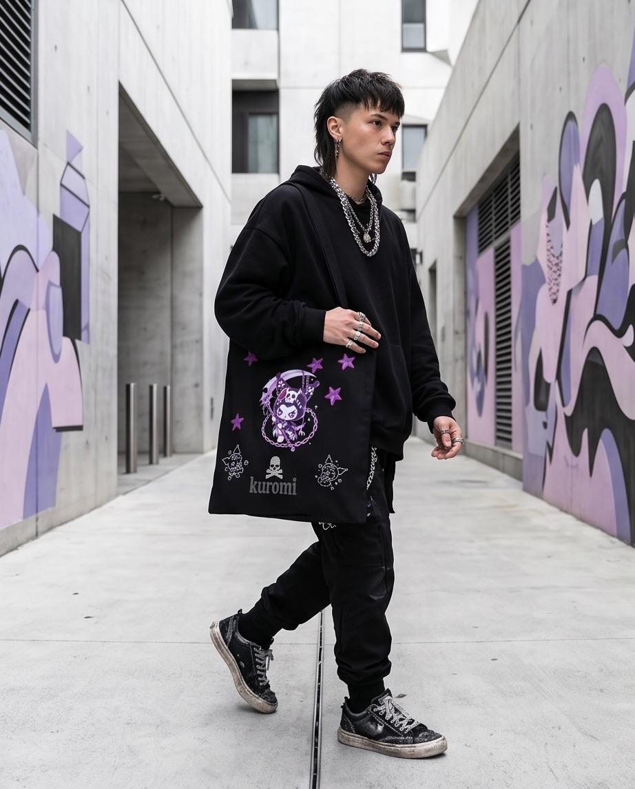Personalised Black Kuromi Cotton Hand Crafted Tote Bag Hand Painted + Add Name