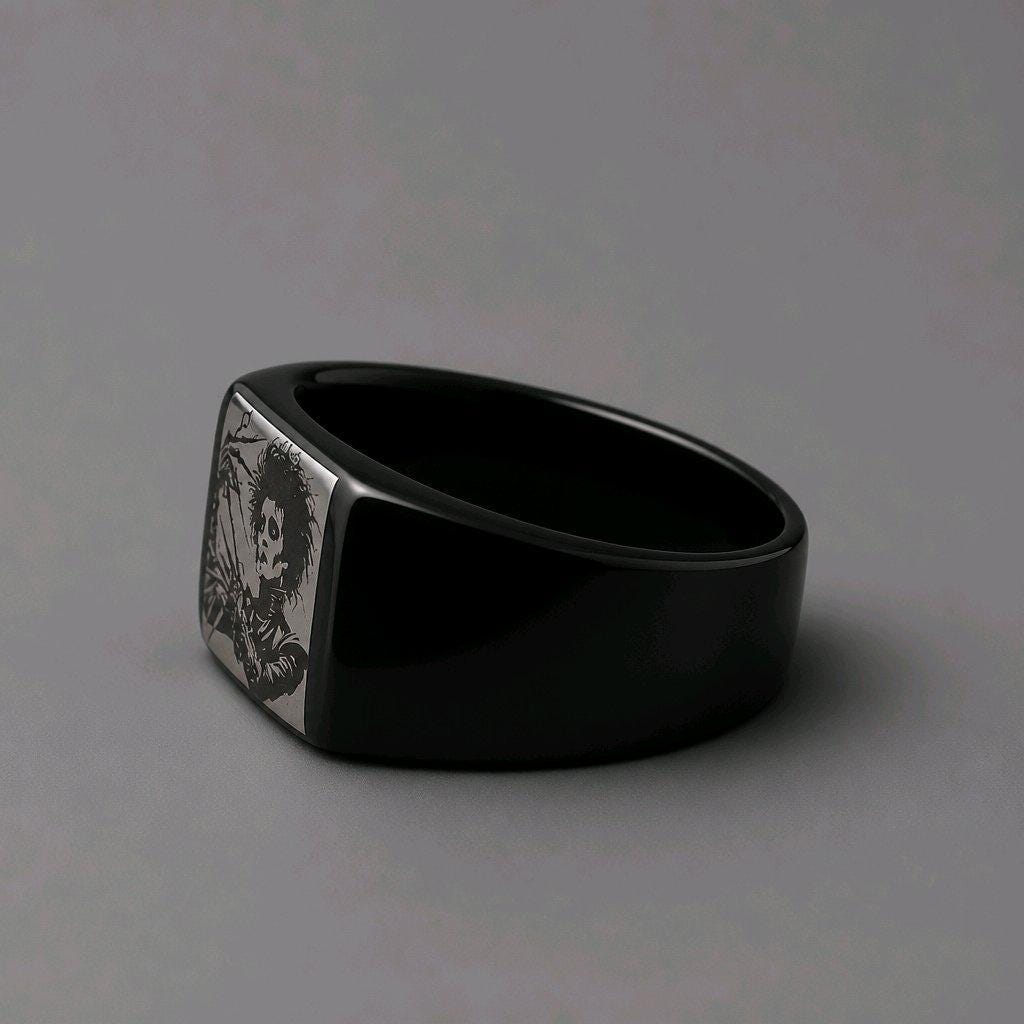 Edward Scissorhands Stainless Steel Signet Ring – Black Gothic Film Jewelry