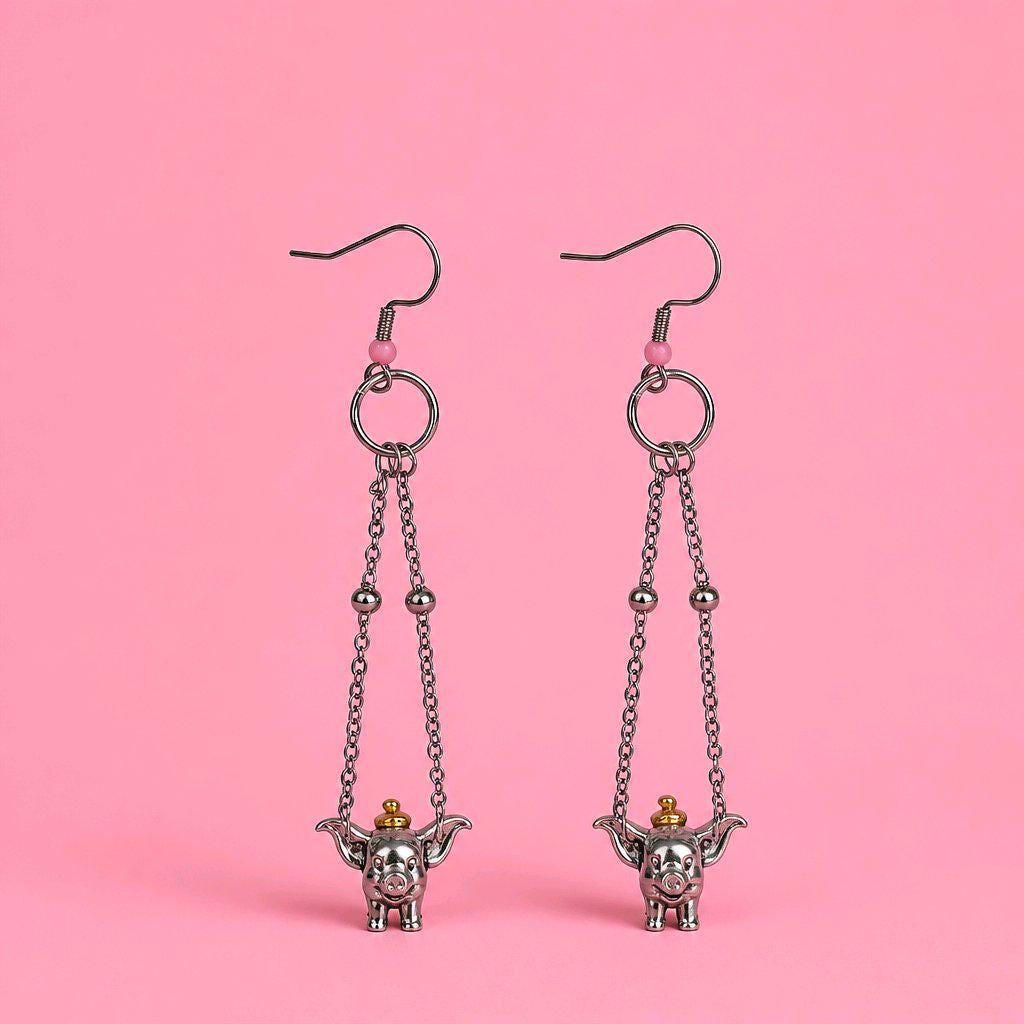 Handmade S925 Sterling Silver Elephant Charm Drop Earrings | Long Stainless Steel Chain Dangle Earrings | Cute Animal Statement Jewellery