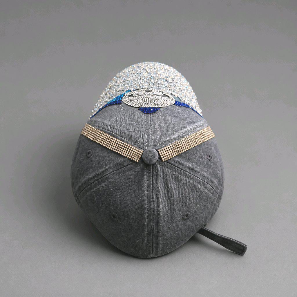 Sparkly Rhinestone Skull Hat, Glitter Crystal Washed Denim Cap, Festival Party Biker Accessories, Unique Gift for Her, Statement Strapback