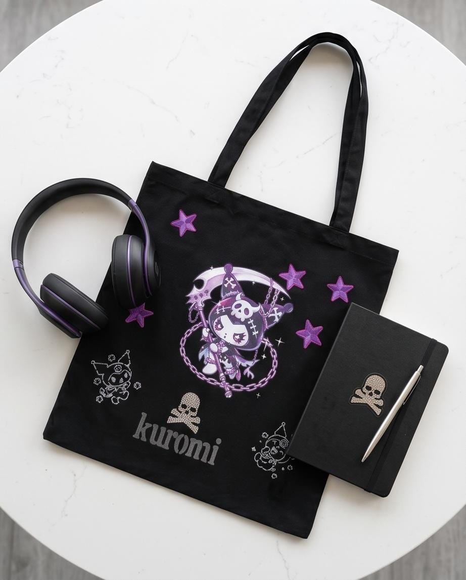 Personalised Black Kuromi Cotton Hand Crafted Tote Bag Hand Painted + Add Name