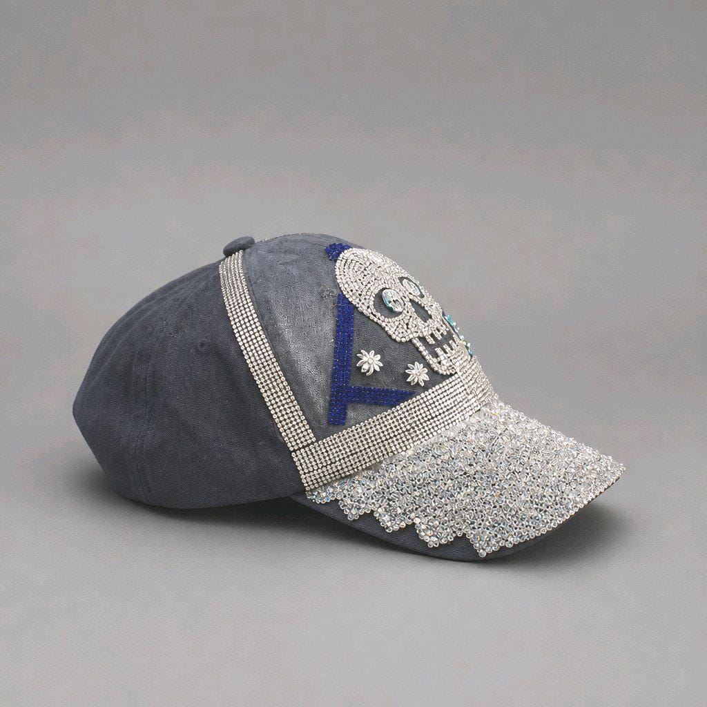 Sparkly Rhinestone Skull Hat, Glitter Crystal Washed Denim Cap, Festival Party Biker Accessories, Unique Gift for Her, Statement Strapback