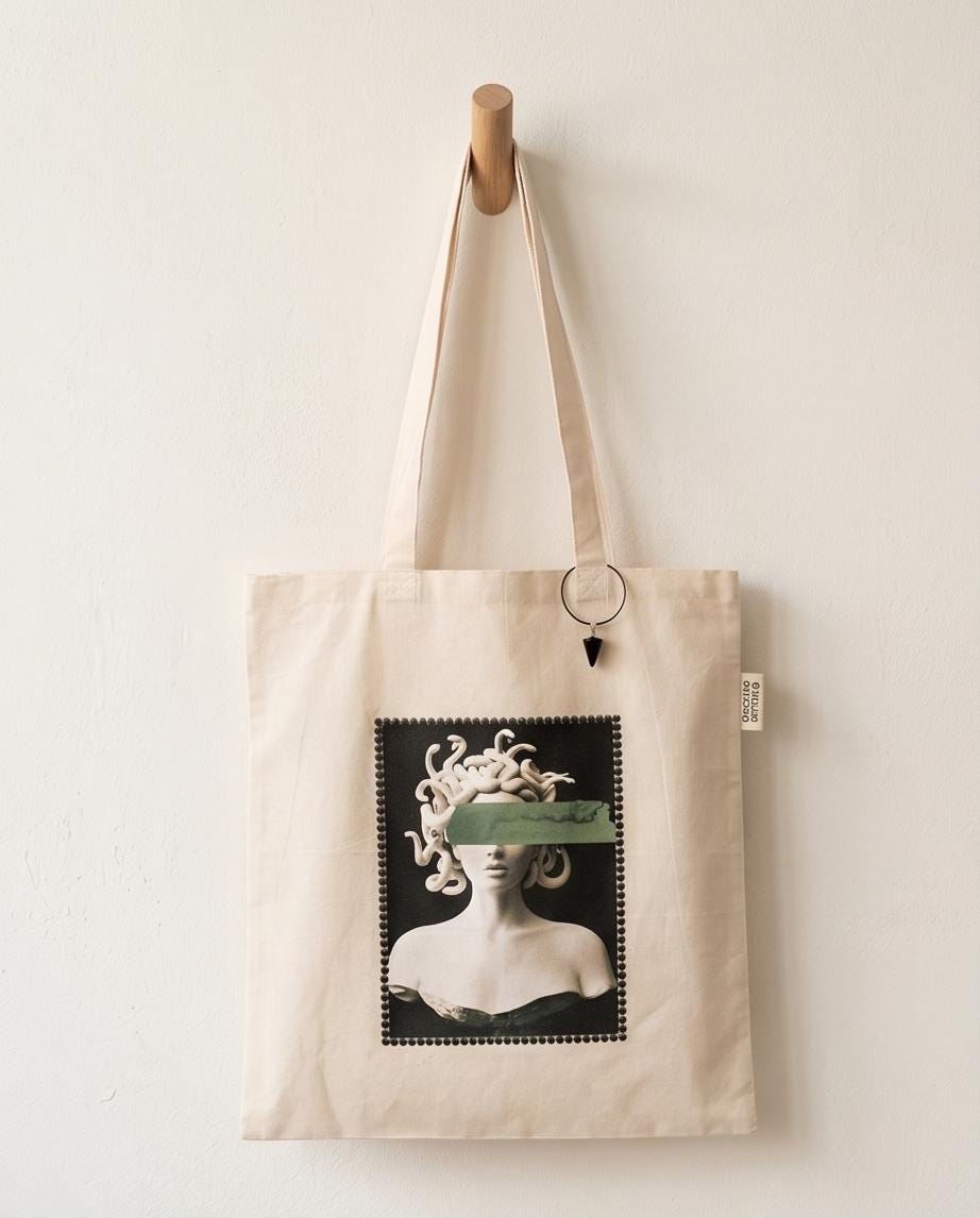 Eco Friendly Canvas Medusa Tote Shoulder Bag With Obsidian Stone 100% Recycled Cotton